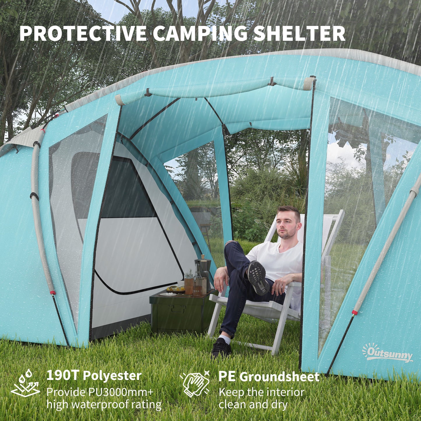 4-6 Man Family Camping Tent w/ 2 Bedrooms, a Living Room, Blue