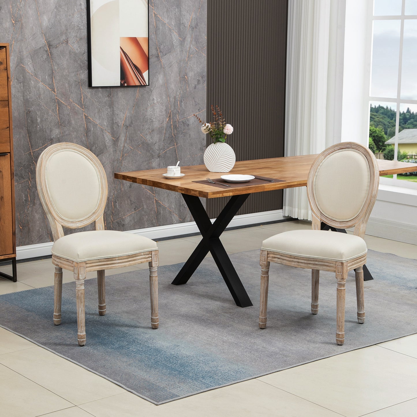 French-Style Dining Chairs Set of 2 with Linen Upholstery, Cream
