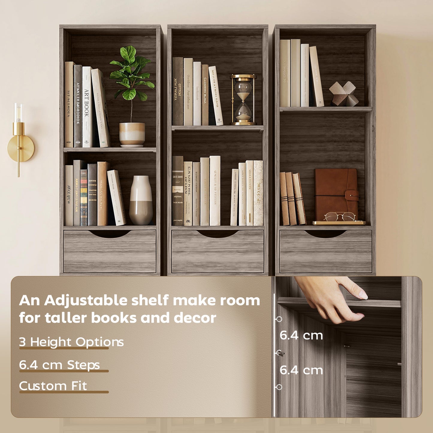 Bookcase with Drawers Adjustable Shelf 158 cm Grey