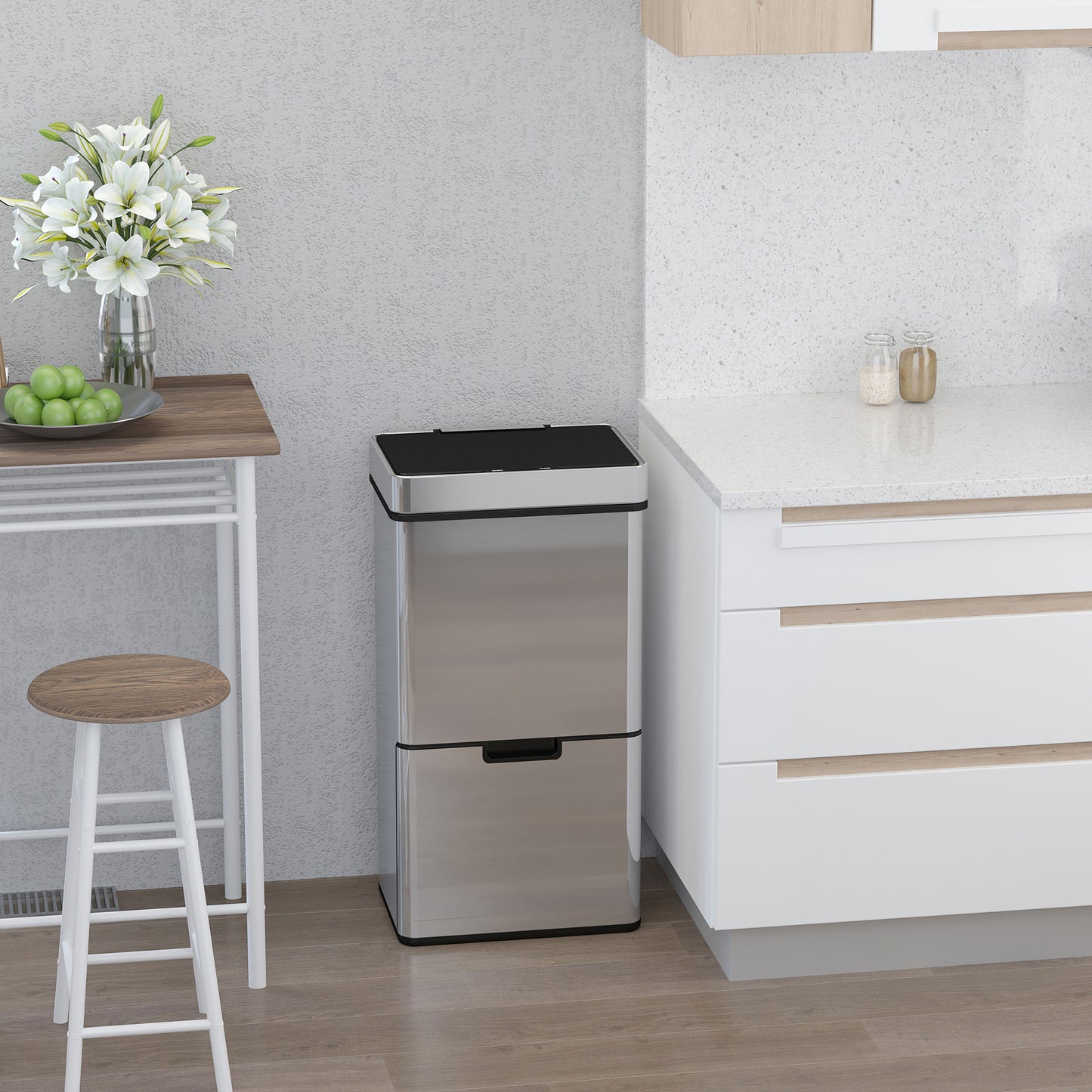 72L Stainless Steel Sensor Bin With 3 Compartments For Both Wet/Dry Waste