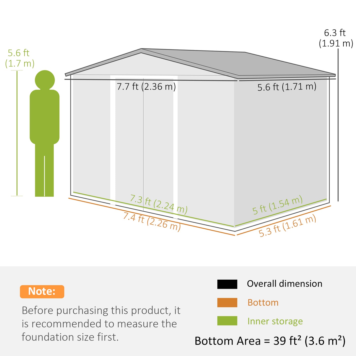 8 x 6ft Garden Storage Shed with Double Door, Light Grey
