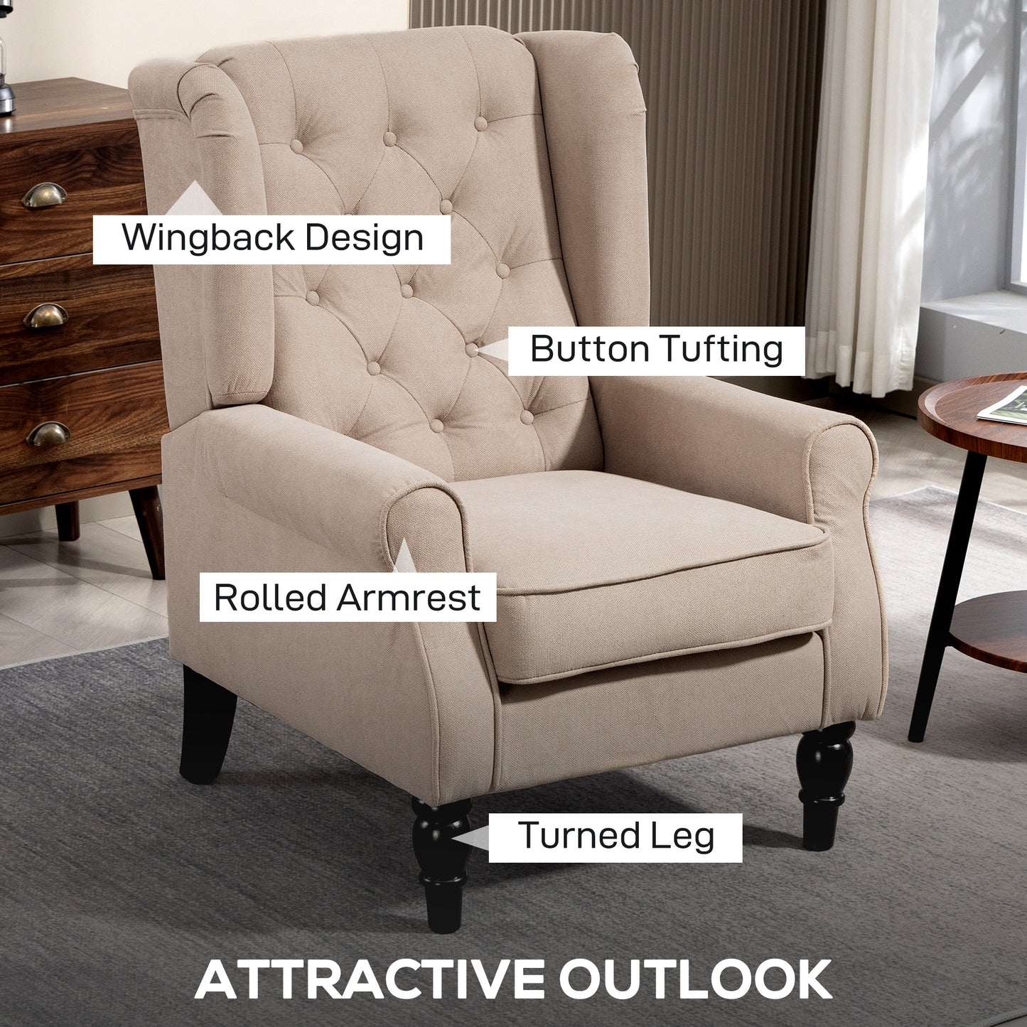 Accent Armchair Home Furniture Retro Tufted Club Wood Fabric, Beige