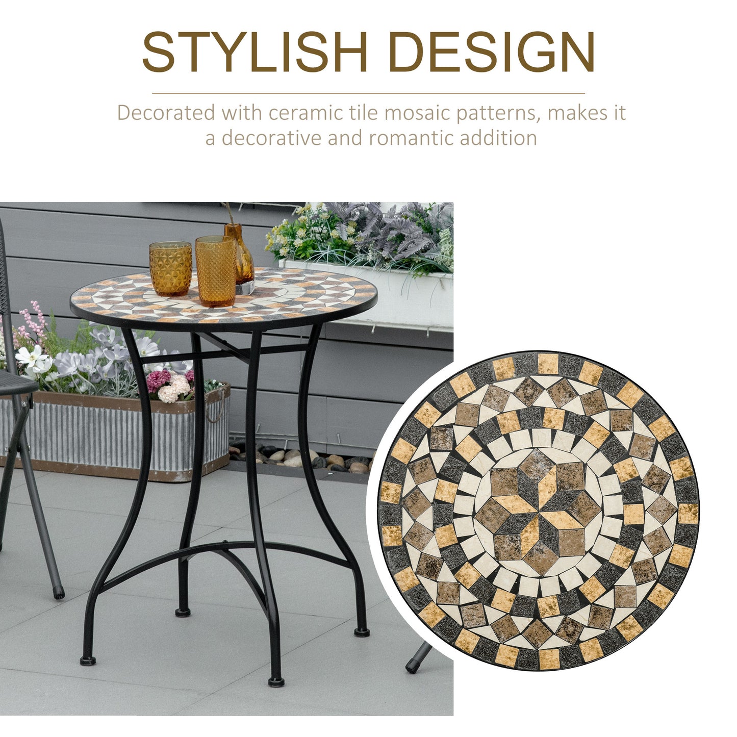 60cm Mosaic Round Bistro Table Outdoor Garden Side Table, Grey