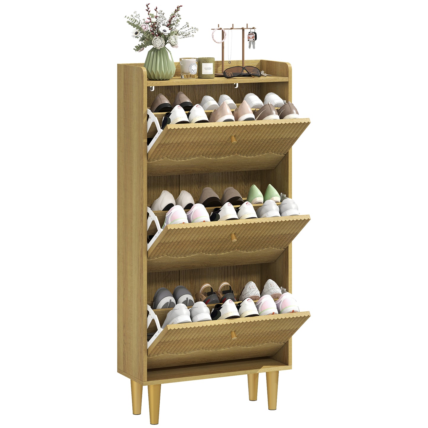 Narrow Shoe Cabinet, Shoe Storage Cabinet with 3 Flip Drawers, Oak