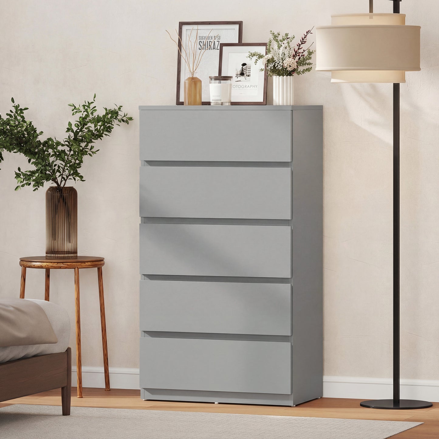 Bedroom Chest of Drawers, 5 Drawers Dresser, Drawer Unit, Grey