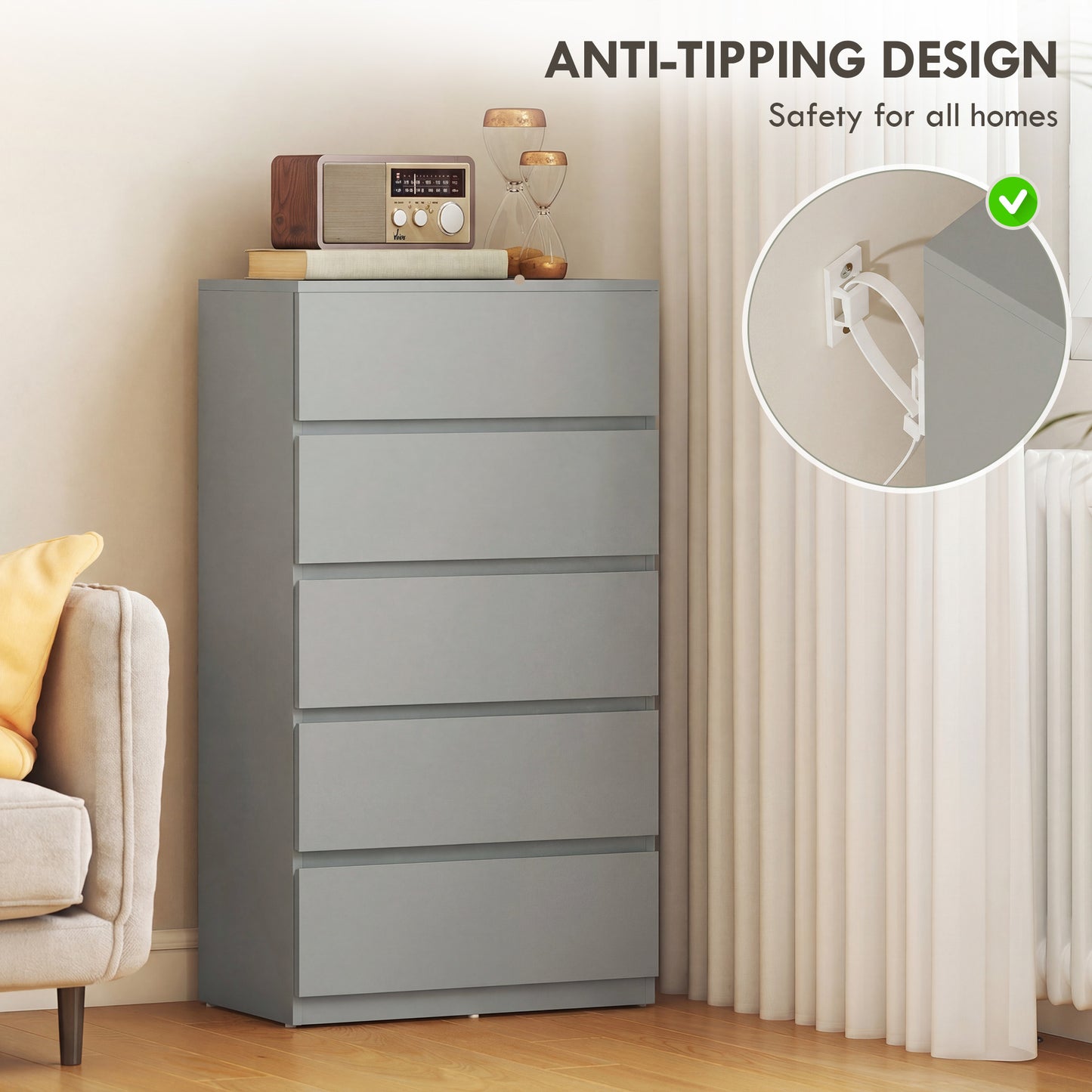 Bedroom Chest of Drawers, 5 Drawers Dresser, Drawer Unit, Grey