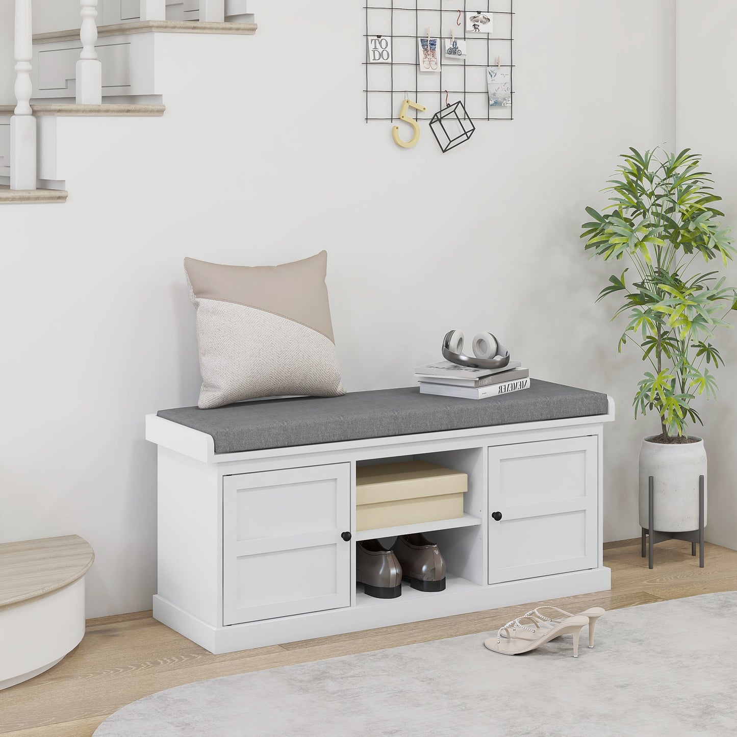 Shoe Storage Bench with Cushion 2 Cabinets for Entryway Hallway White