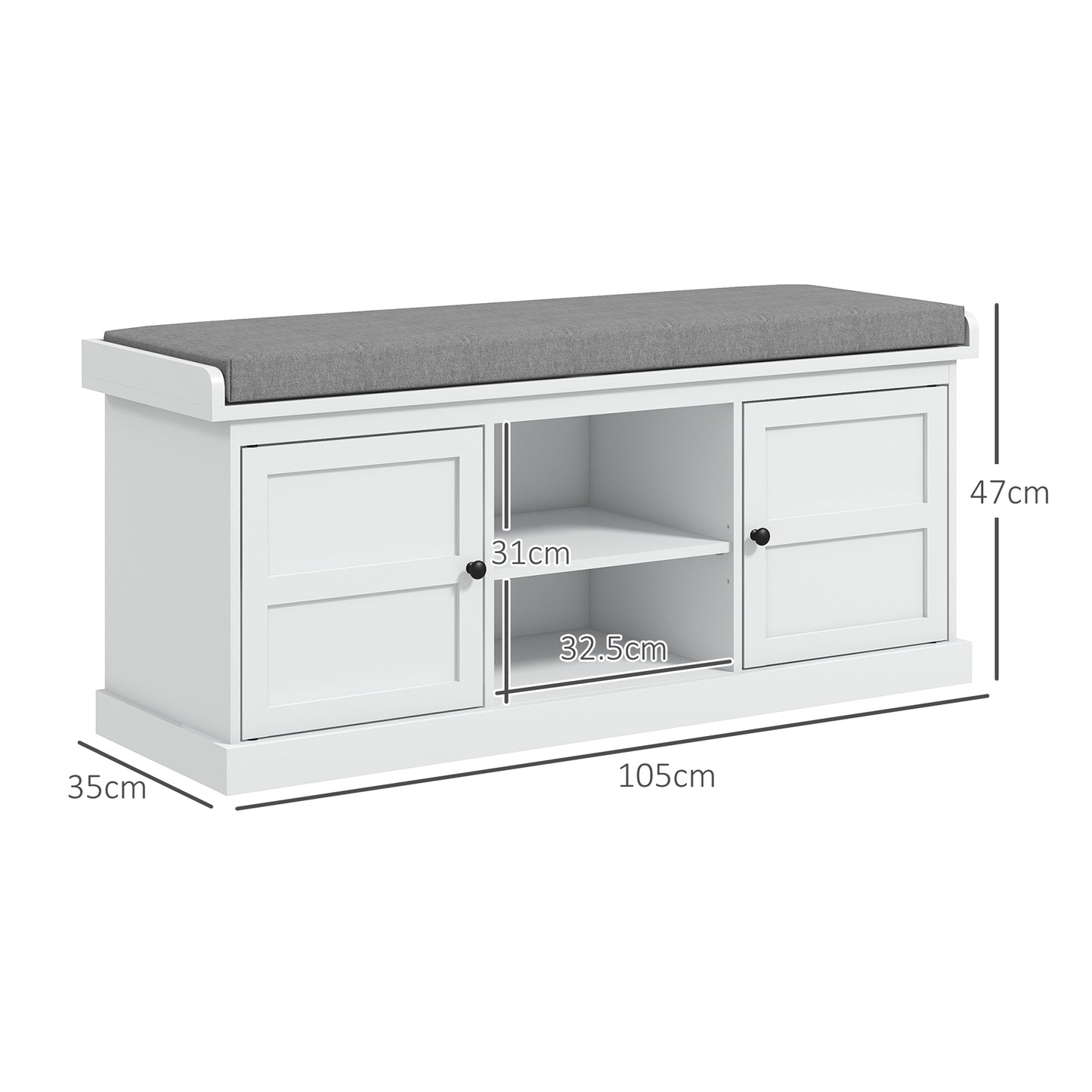 Shoe Storage Bench with Cushion 2 Cabinets for Entryway Hallway White