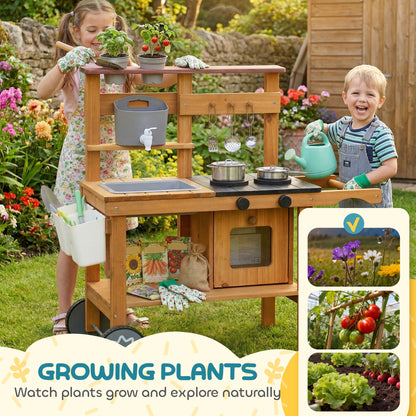 Wooden Mud Kitchen with Wheels, Stove, Stainless Steel Accessories