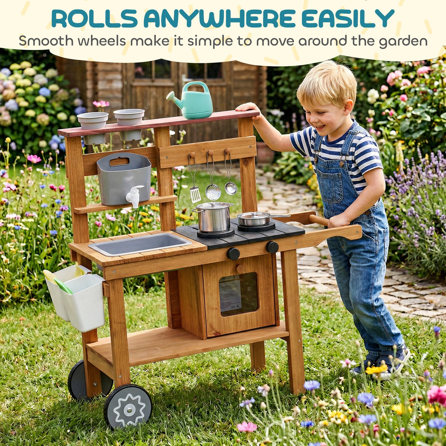 Wooden Mud Kitchen with Wheels, Stove, Stainless Steel Accessories