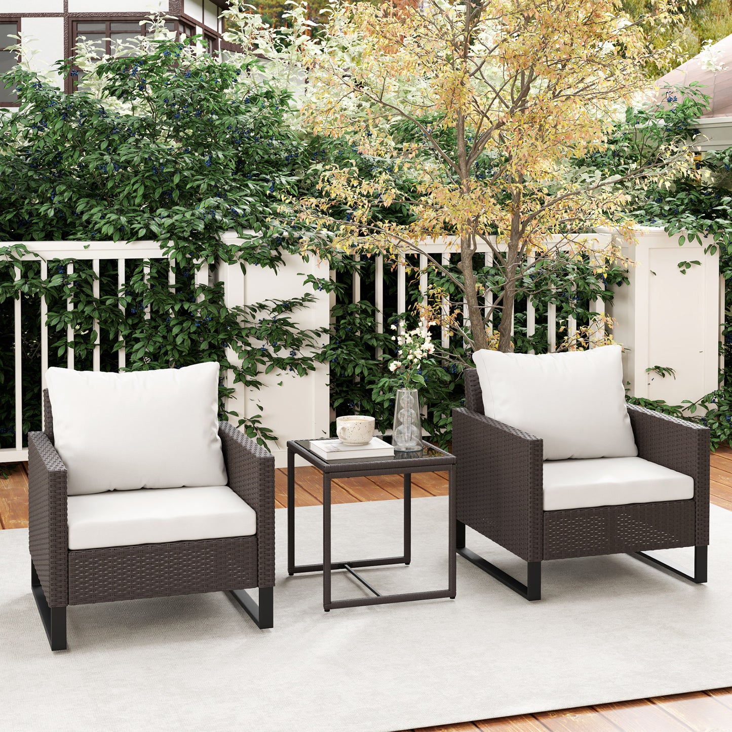 3PCS Rattan Bistro Set Glass Top Table and Chairs with 4 Cushions Brown