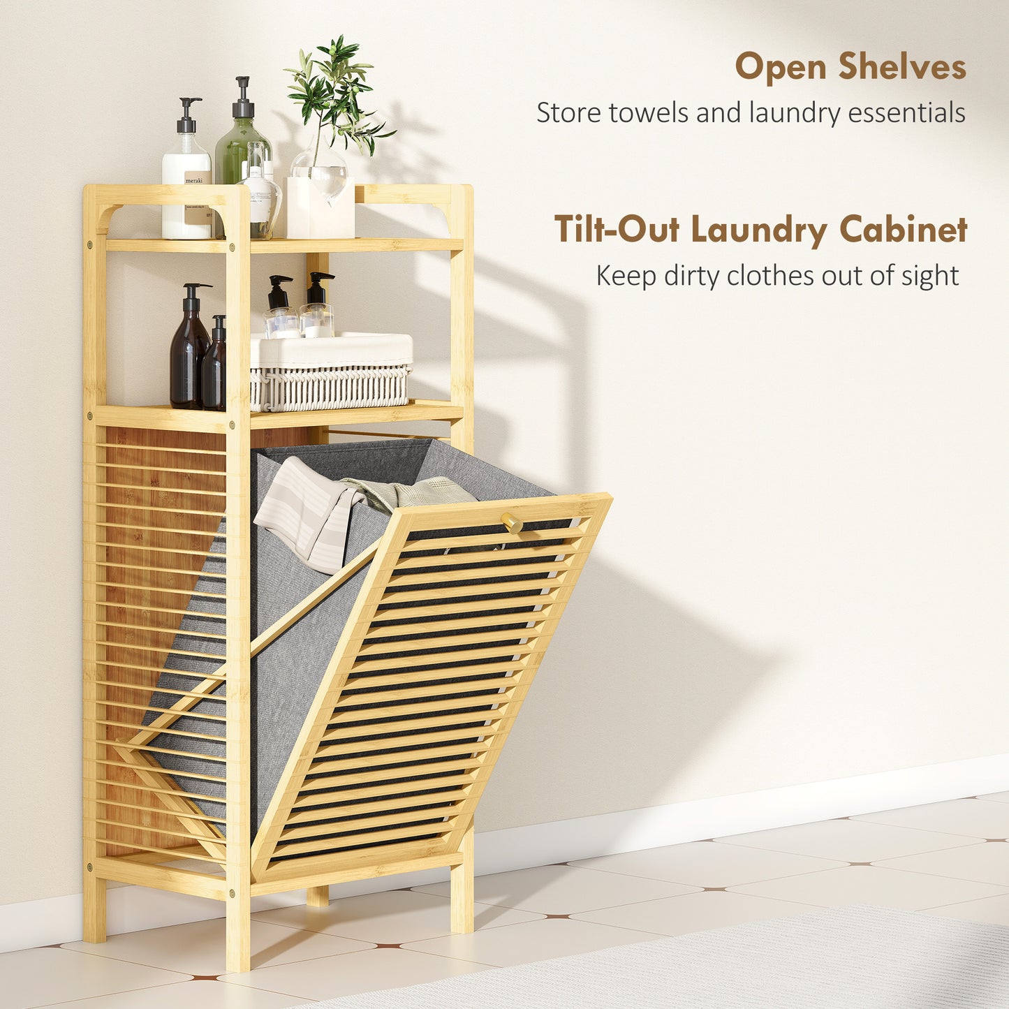 Removable 37L Laundry Hamper with Bamboo Bathroom Storage Cabinet