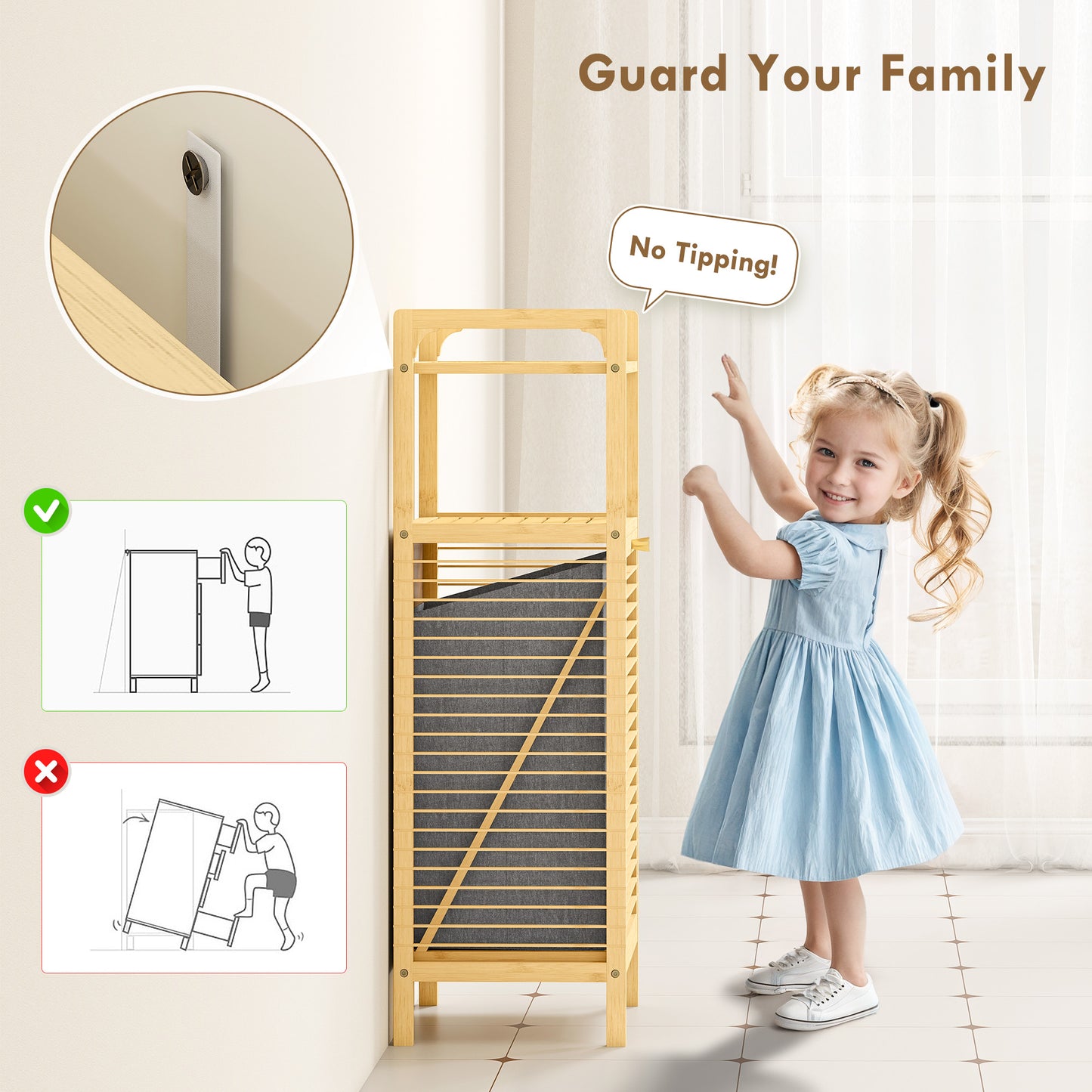 Removable 37L Laundry Hamper with Bamboo Bathroom Storage Cabinet