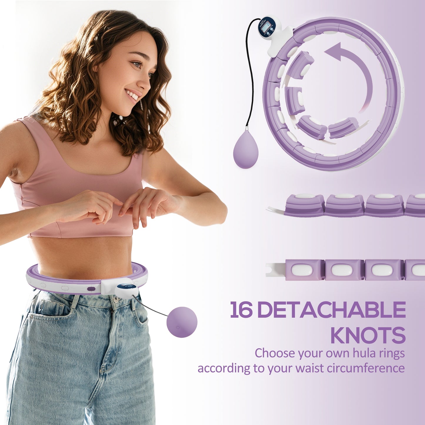 Smart Weighted Hula Hoop with 16 Detachable Knots, Purple