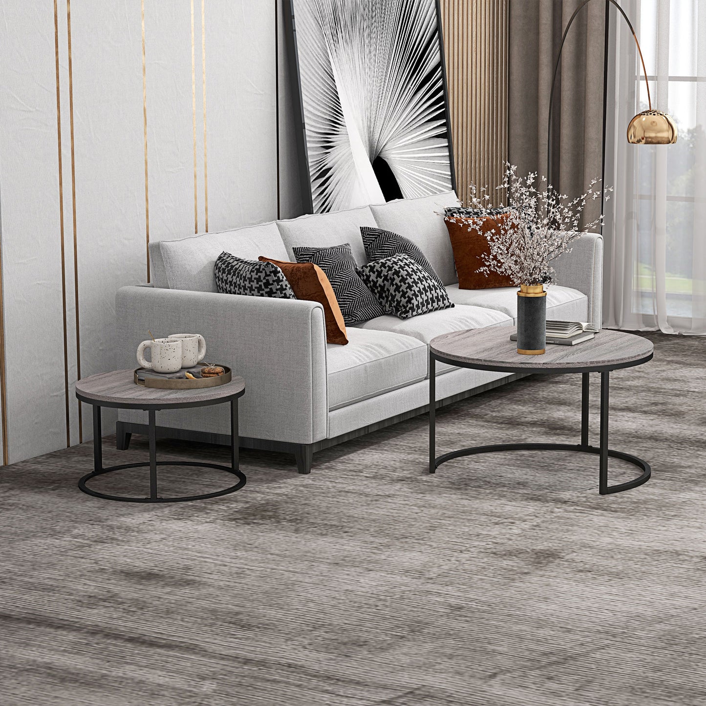 2 Pcs Stacking Coffee Table Set Steel Frame Wood Effect Top Foot Pads