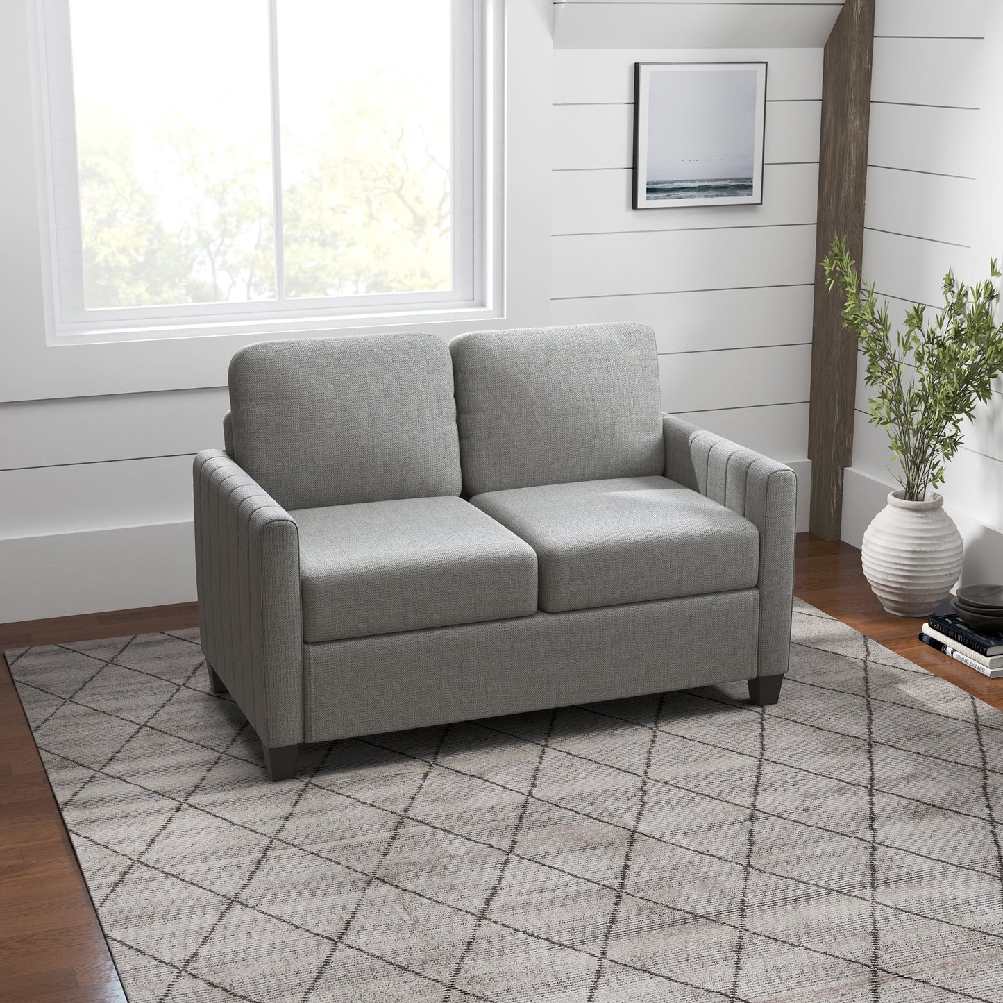 2 Seater Sofa, Channel Tufted Modern Fabric Couch, Upholstered Loveseat with Spring Cushion, Back Pillow, for Small Space, Living Room, Bedroom, Office, Light Grey