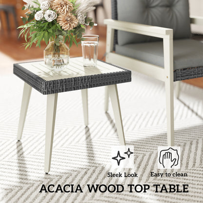 5 Pieces Rattan Patio set with Acacia Wood Top Coffee Table