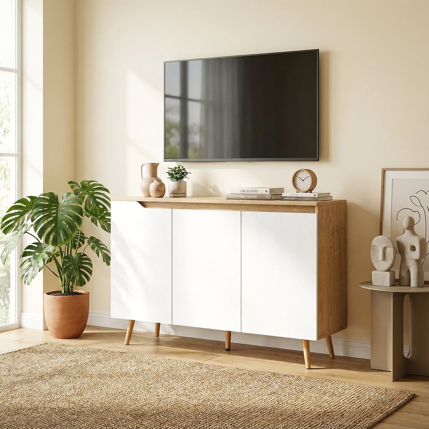 Sideboard Storage Cabinet with 5 Rubberwood Legs, White and Oak