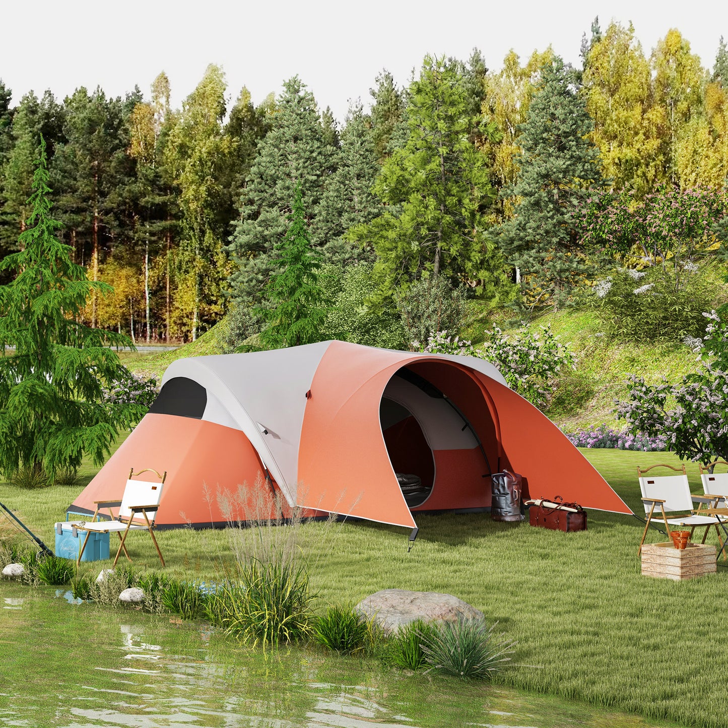 3000mm Waterproof Camping Tent w/ Porch & Sewn in Groundsheet, Orange