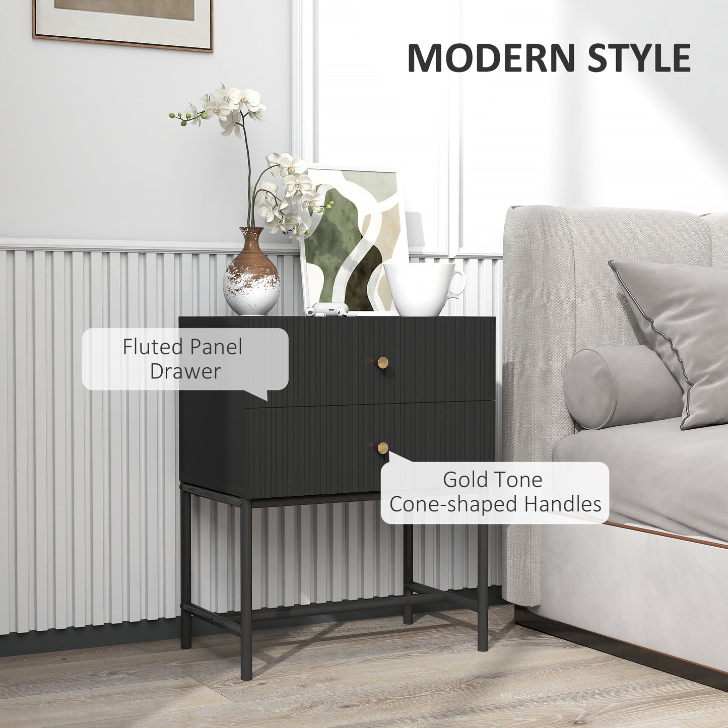 Modern Bedside Table with 2 Drawers for Bedroom, Black