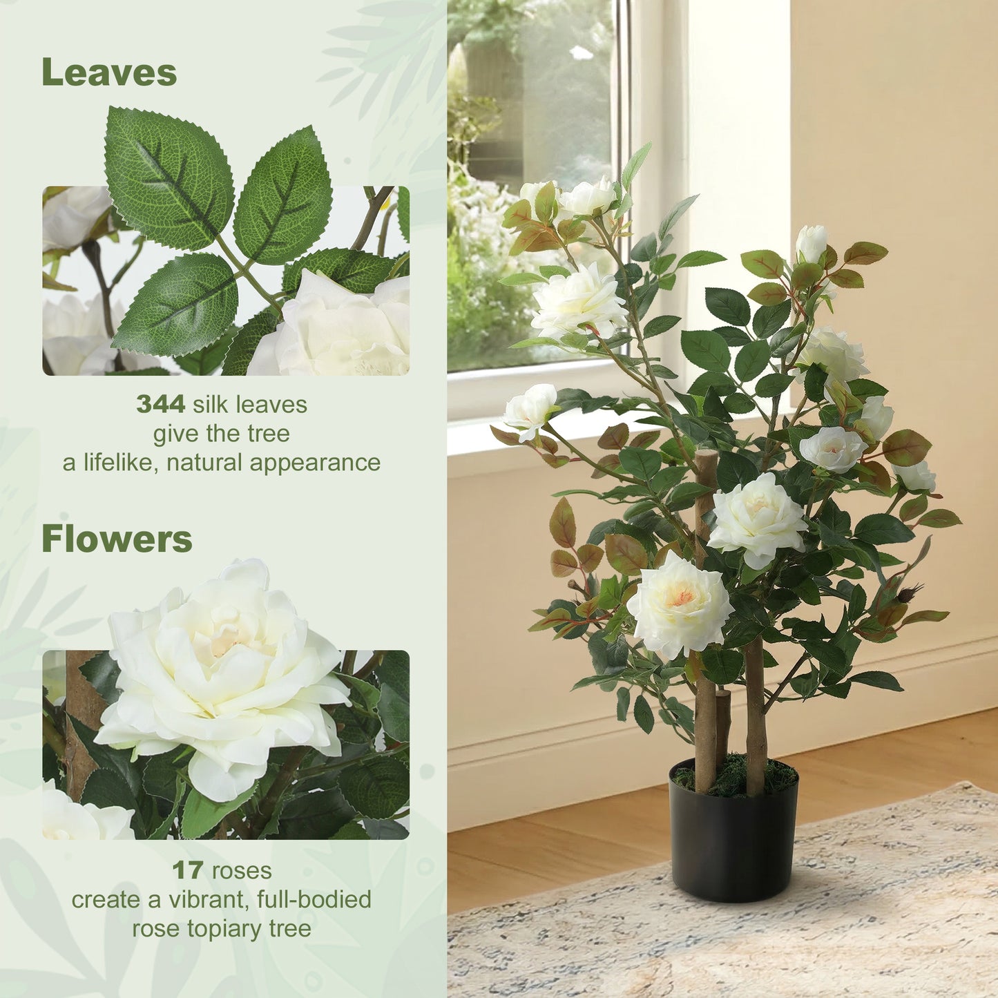 90cm Artificial Rose Tree with 344 Silk Leaves and 17 Flowers, White