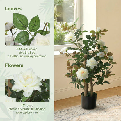 90cm Artificial Rose Tree with 344 Silk Leaves and 17 Flowers, White