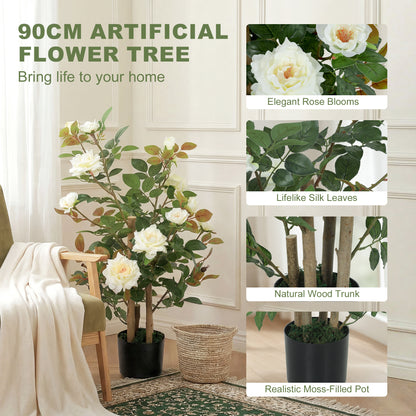90cm Artificial Rose Tree with 344 Silk Leaves and 17 Flowers, White