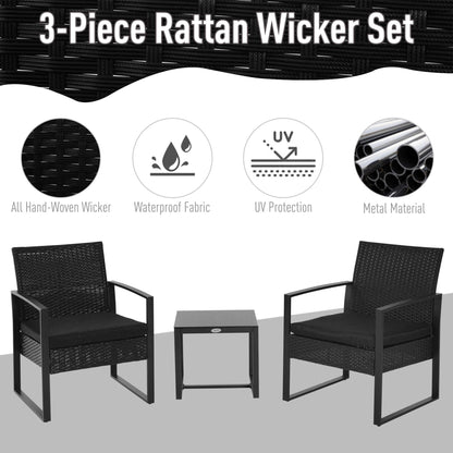 Outsunny 3 Pieces Outdoor Rattan Bistro Set, Patio Wicker Balcony Furniture, Conservatory Sofa Coffee Table and Chairs Sets for Garden, Backyard, Porch, Black