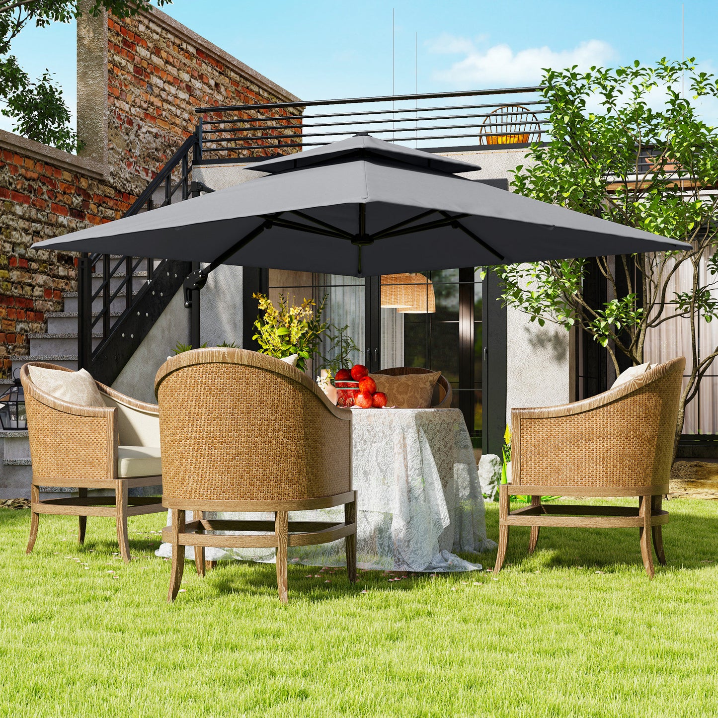 360° Cantilever Parasol Roma Umbrella w/ Base Weights, Light Grey