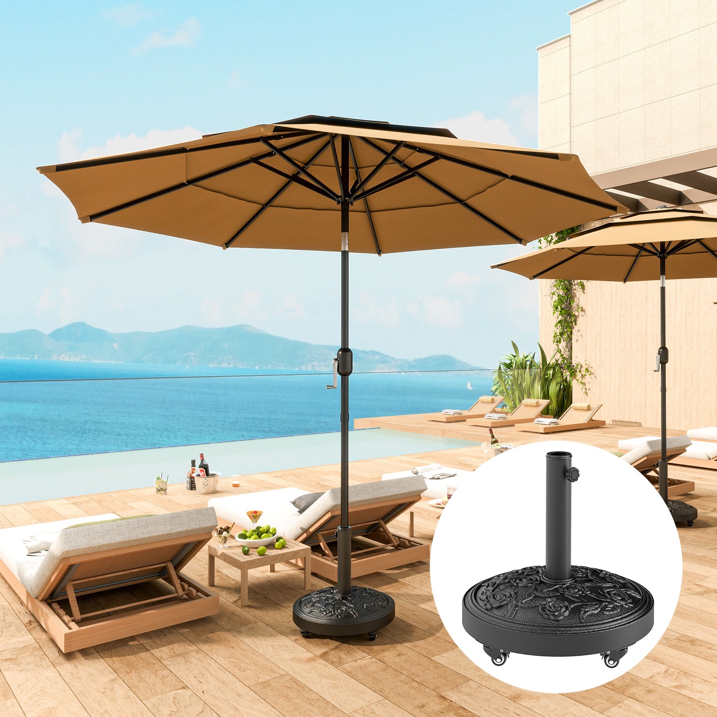 Parasol Base with Wheels, Floral Rose Pattern, Black