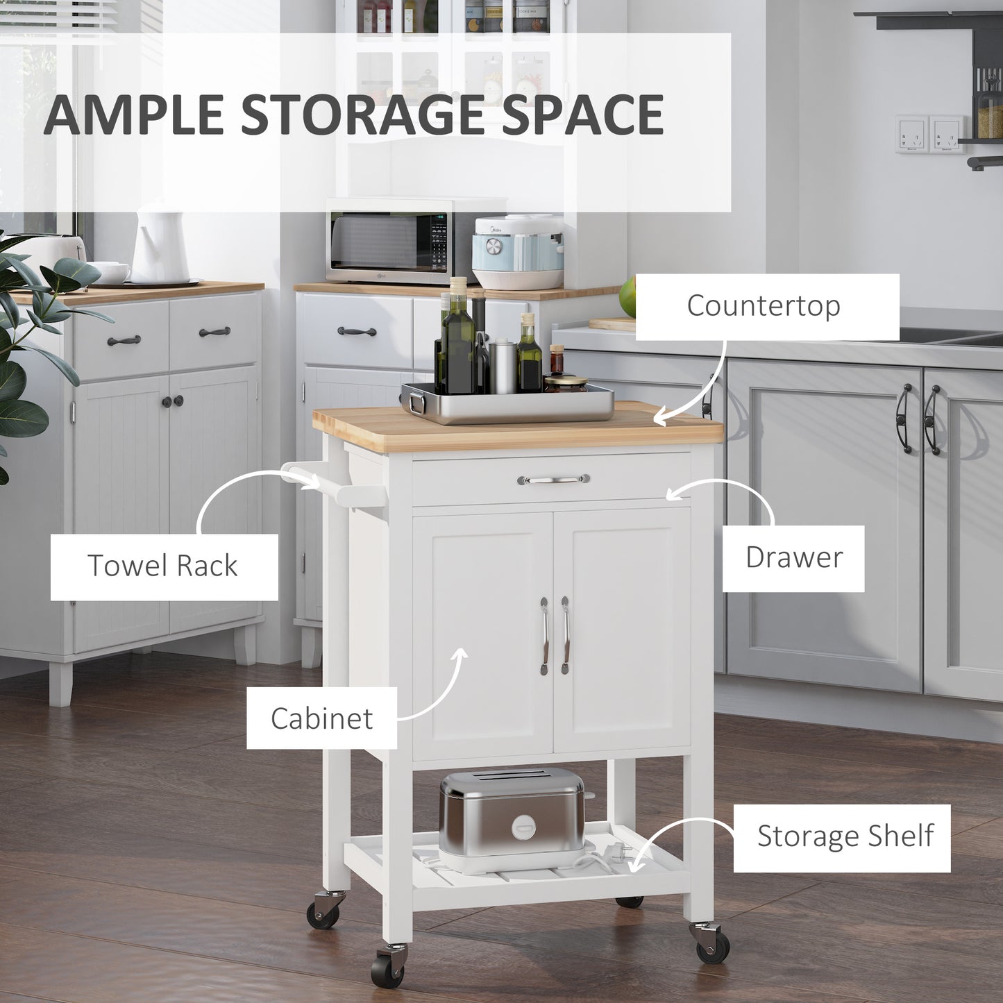 Kitchen Storage Trolley Cart Rolling Wheels Shelves Cupboard W/ Drawer