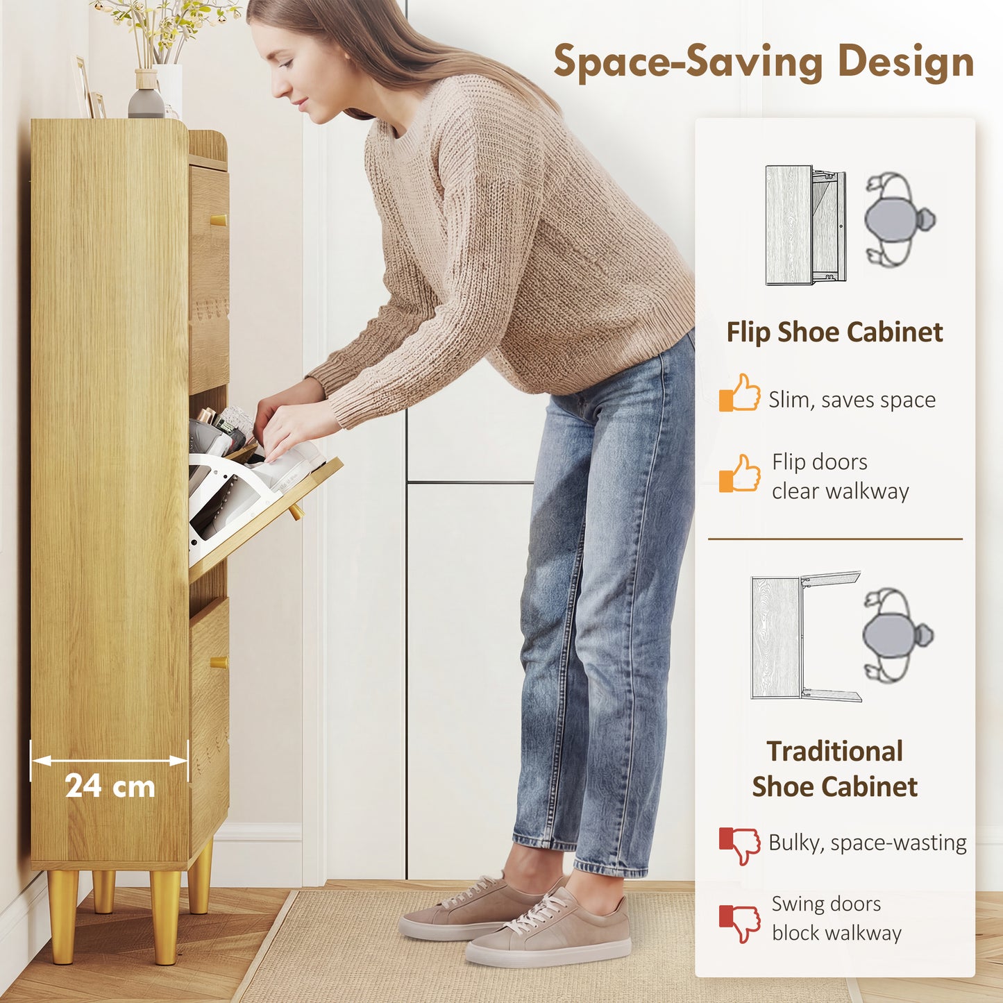 Narrow Shoe Cabinet, Shoe Storage Cabinet with 3 Flip Drawers, Oak