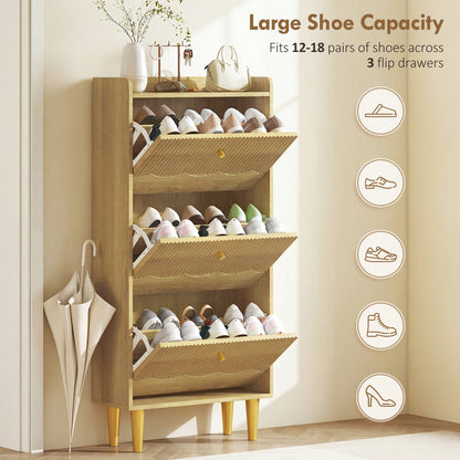 Narrow Shoe Cabinet, Shoe Storage Cabinet with 3 Flip Drawers, Oak
