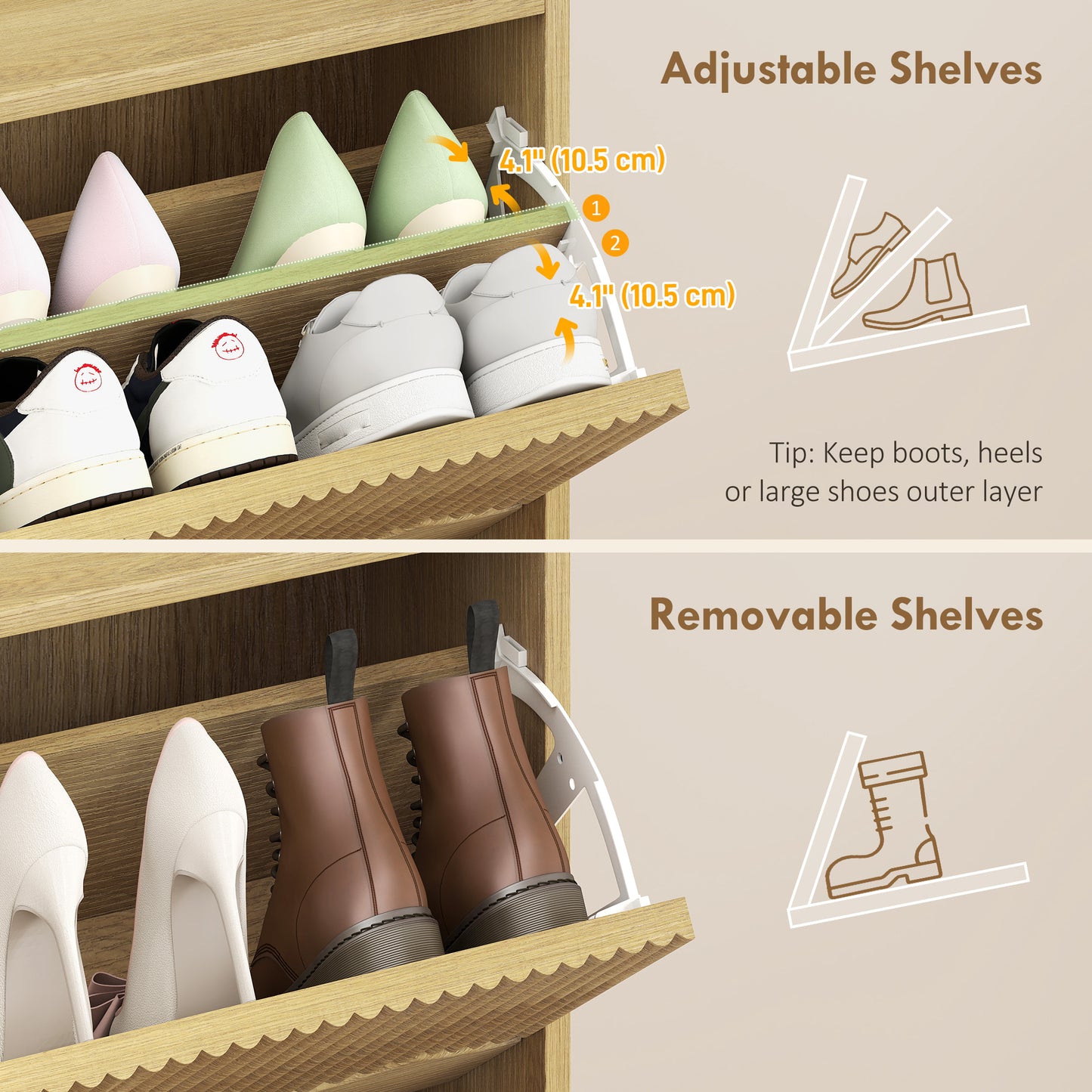Narrow Shoe Cabinet, Shoe Storage Cabinet with 3 Flip Drawers, Oak