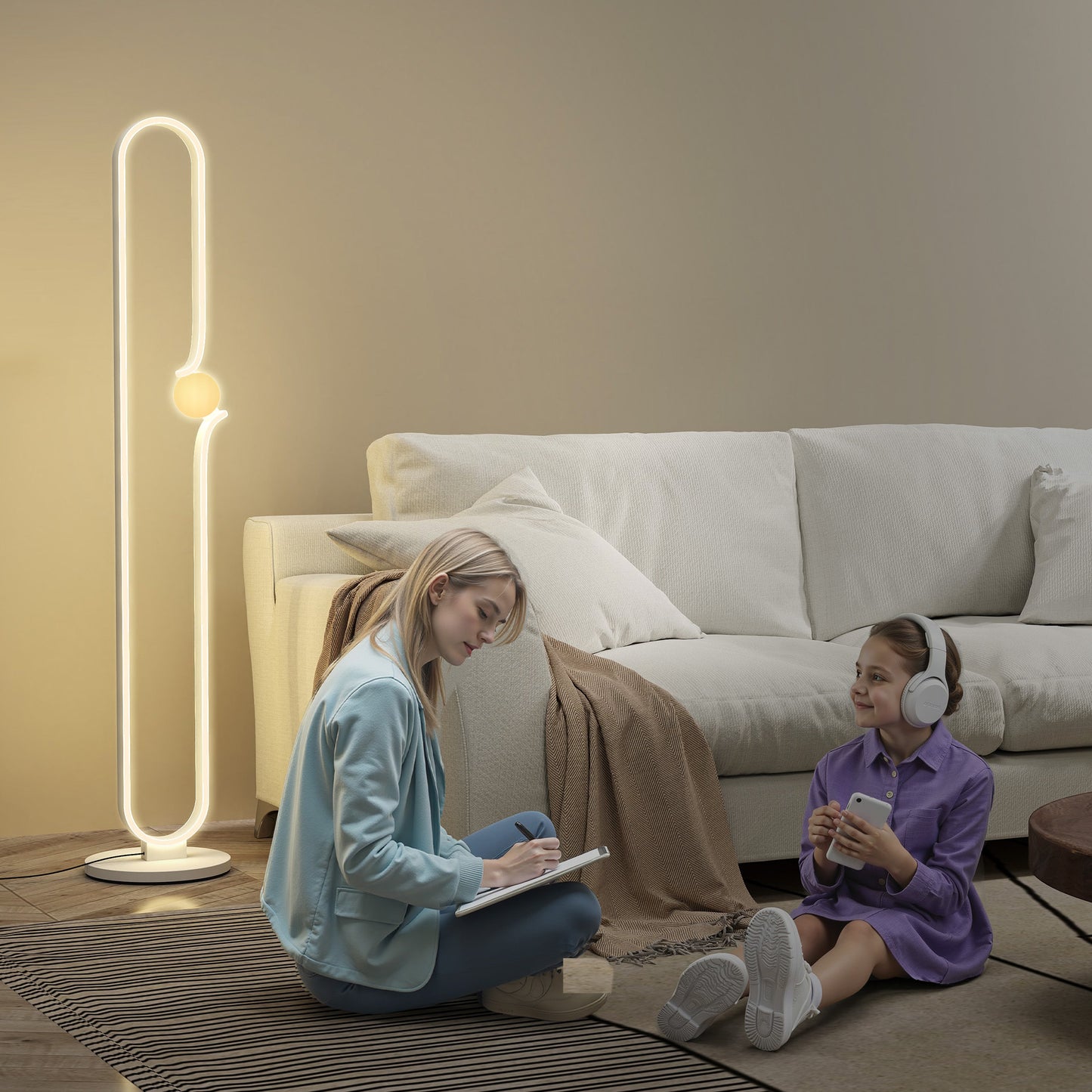 Dimmable LED Floor Lamp with Glass Night Light, Foot Switch, White