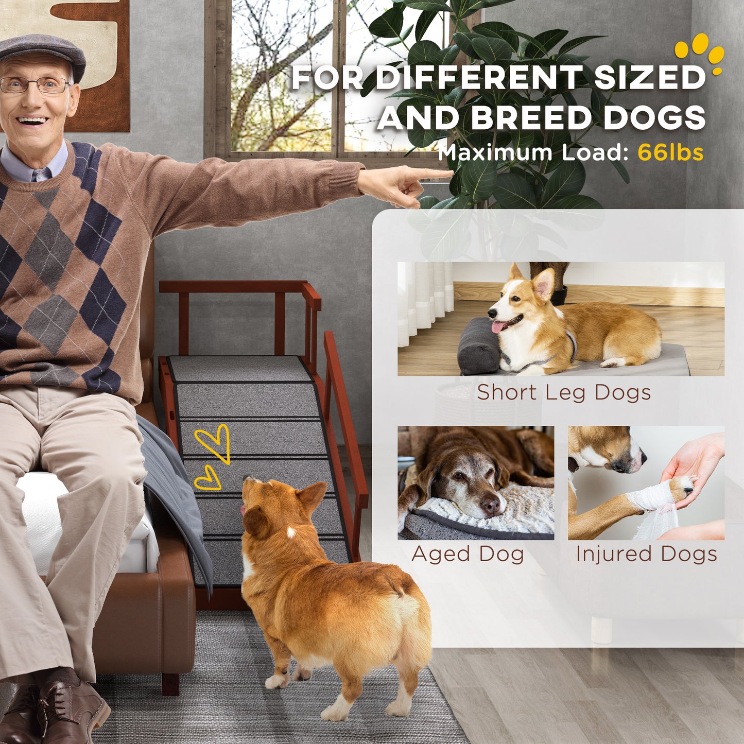 Wooden Dog Ramp with Removable Guardrails, Non-Slip Surface, 125 cm