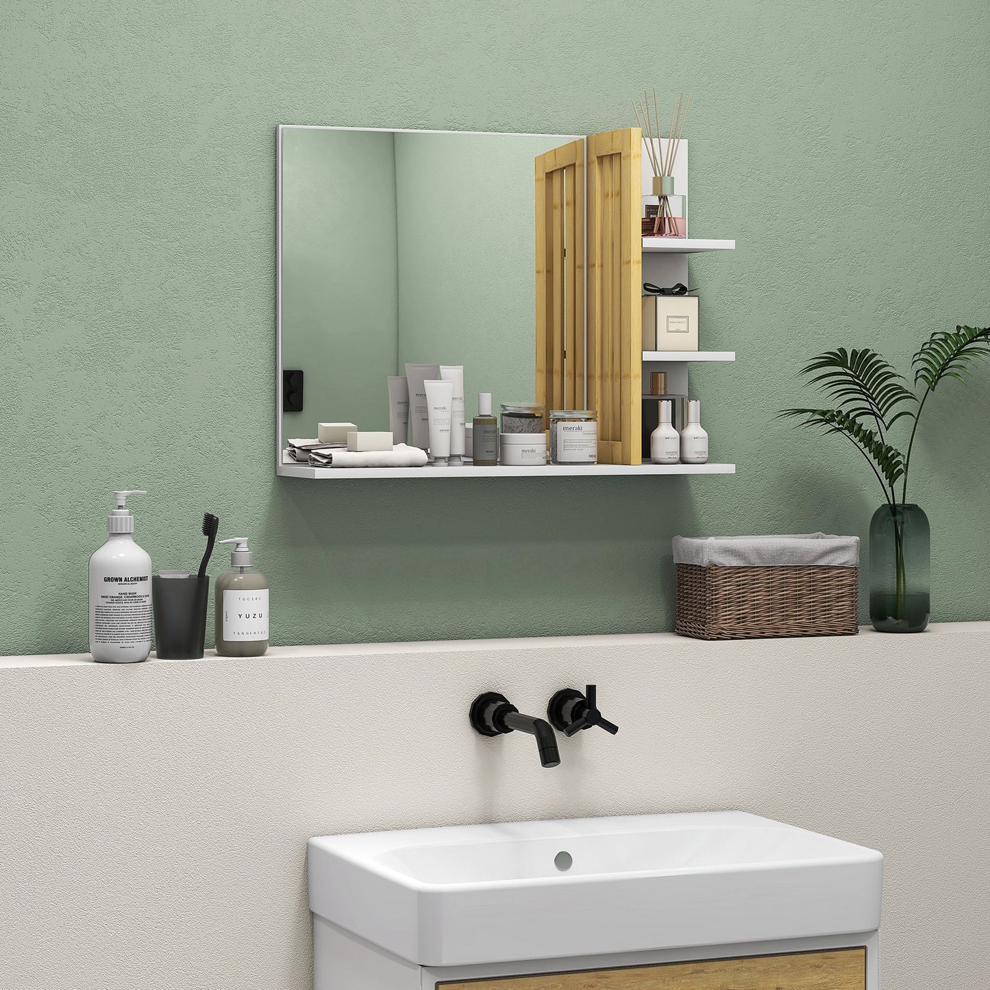 Bathroom Mirror Wall Mount Vanity Mirror with 4 Storage Shelves, White