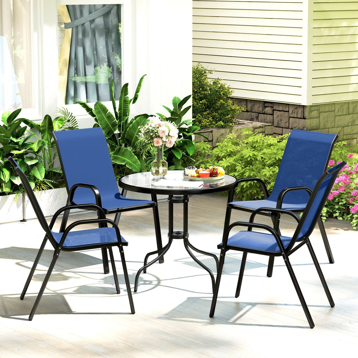 5 PCs Garden Furniture Set, Round Table and Stackable Chairs, Blue