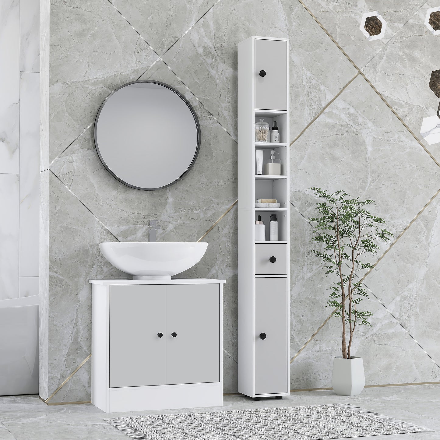 Slim Bathroom Cabinet, Toilet Roll Storage w/ Shelves, Light Grey