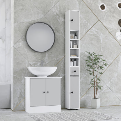 Slim Bathroom Cabinet, Toilet Roll Storage w/ Shelves, Light Grey