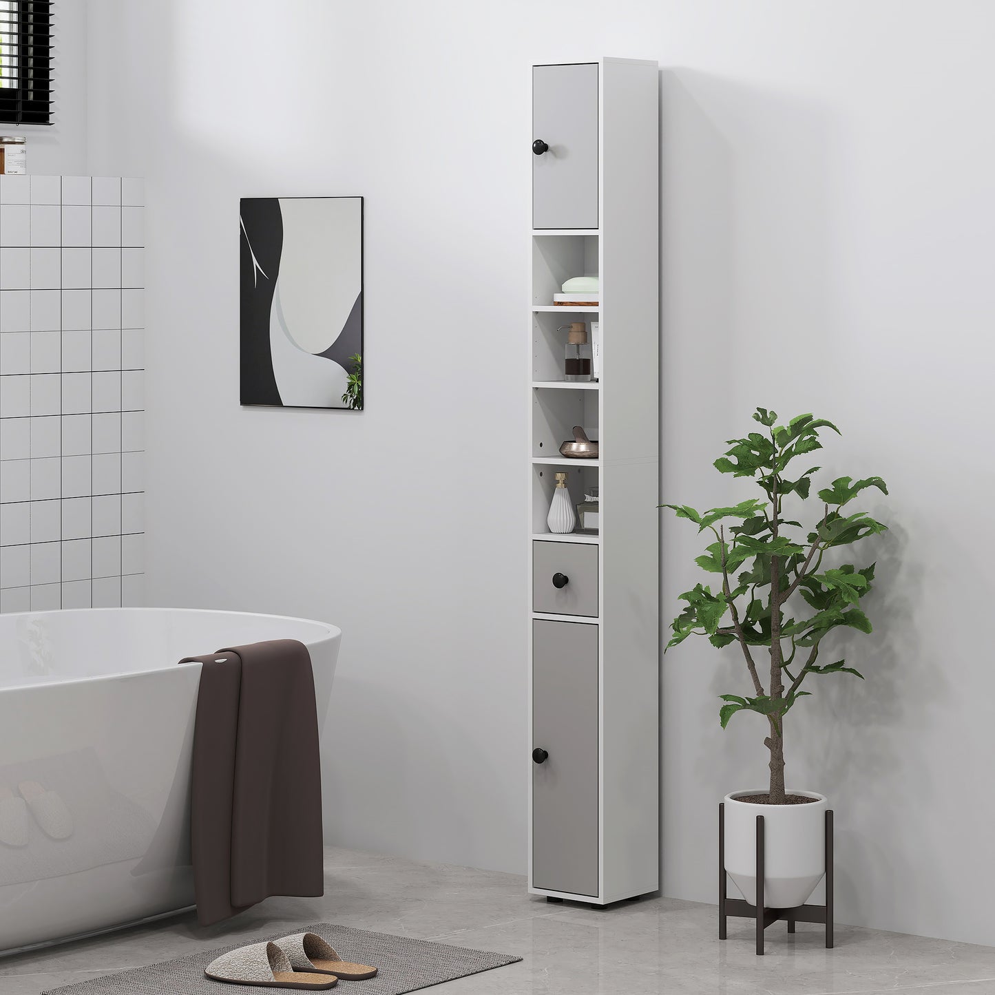 Slim Bathroom Cabinet, Toilet Roll Storage w/ Shelves, Light Grey