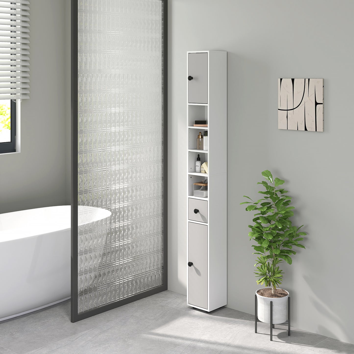 Slim Bathroom Cabinet, Toilet Roll Storage w/ Shelves, Light Grey