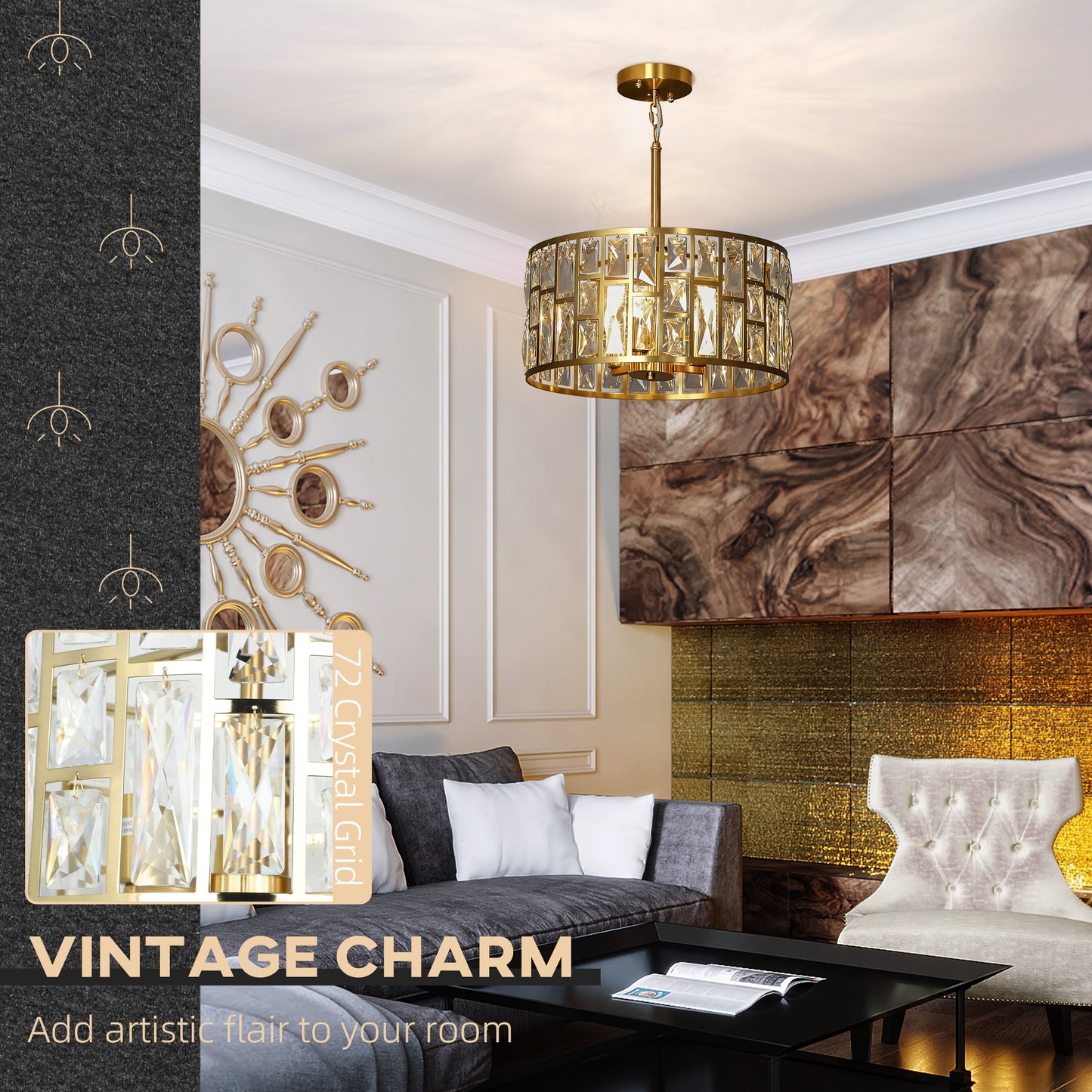 Modern Flush Mount Ceiling Light, Crystal Chandelier for Living Room
