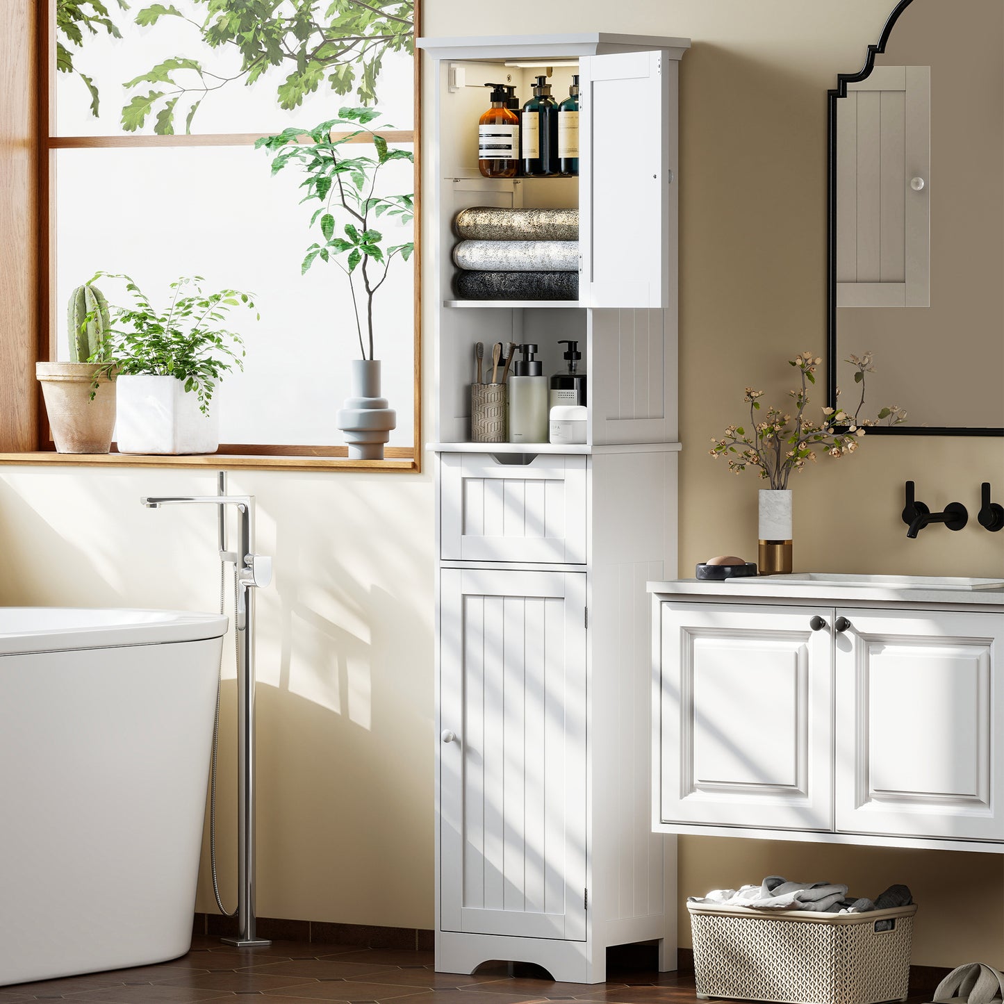 170cm Tall Bathroom Storage Cabinet with LED Light, Adjustable Shelf
