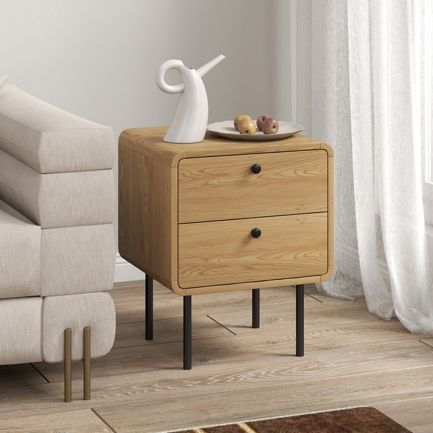 Bedside Table, Modern Nightstand with 2 Drawers Rounded Edges, Oak