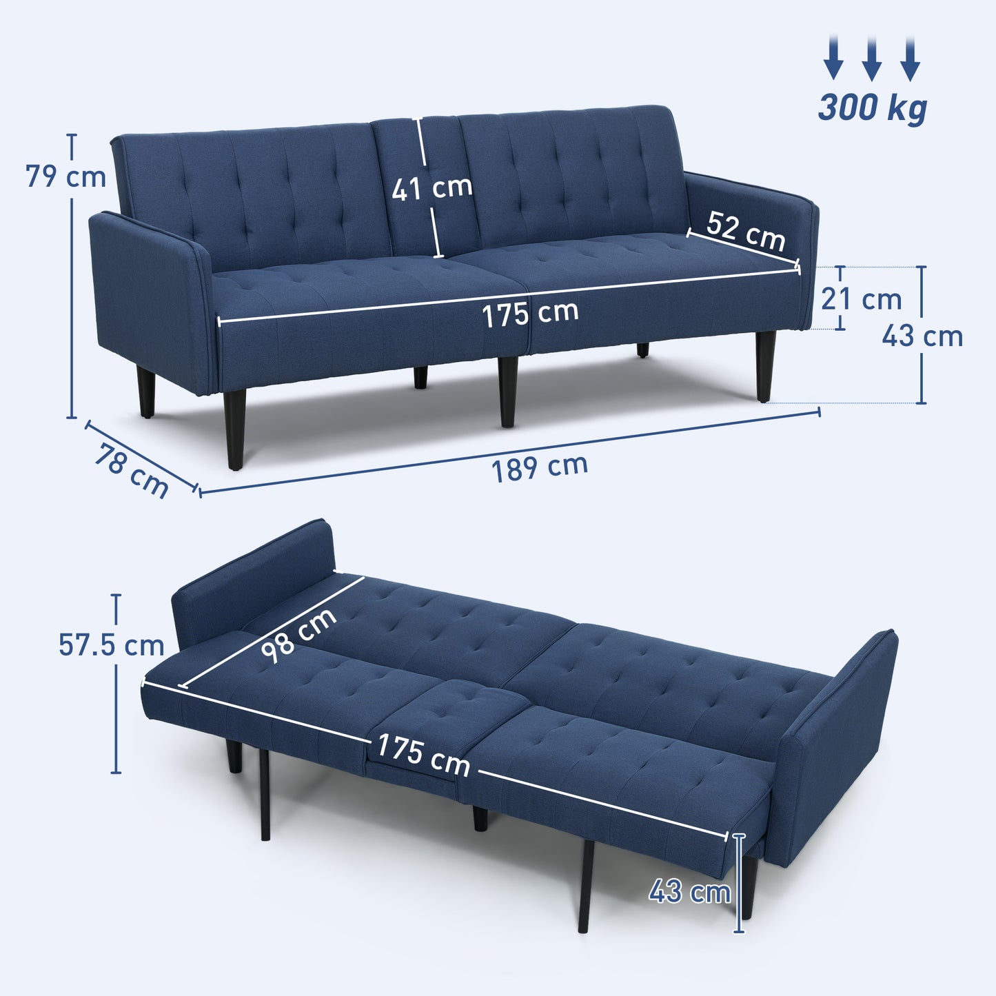 Upholstered Sofa bed 3 Seater Home Theater with Storage Dark Blue