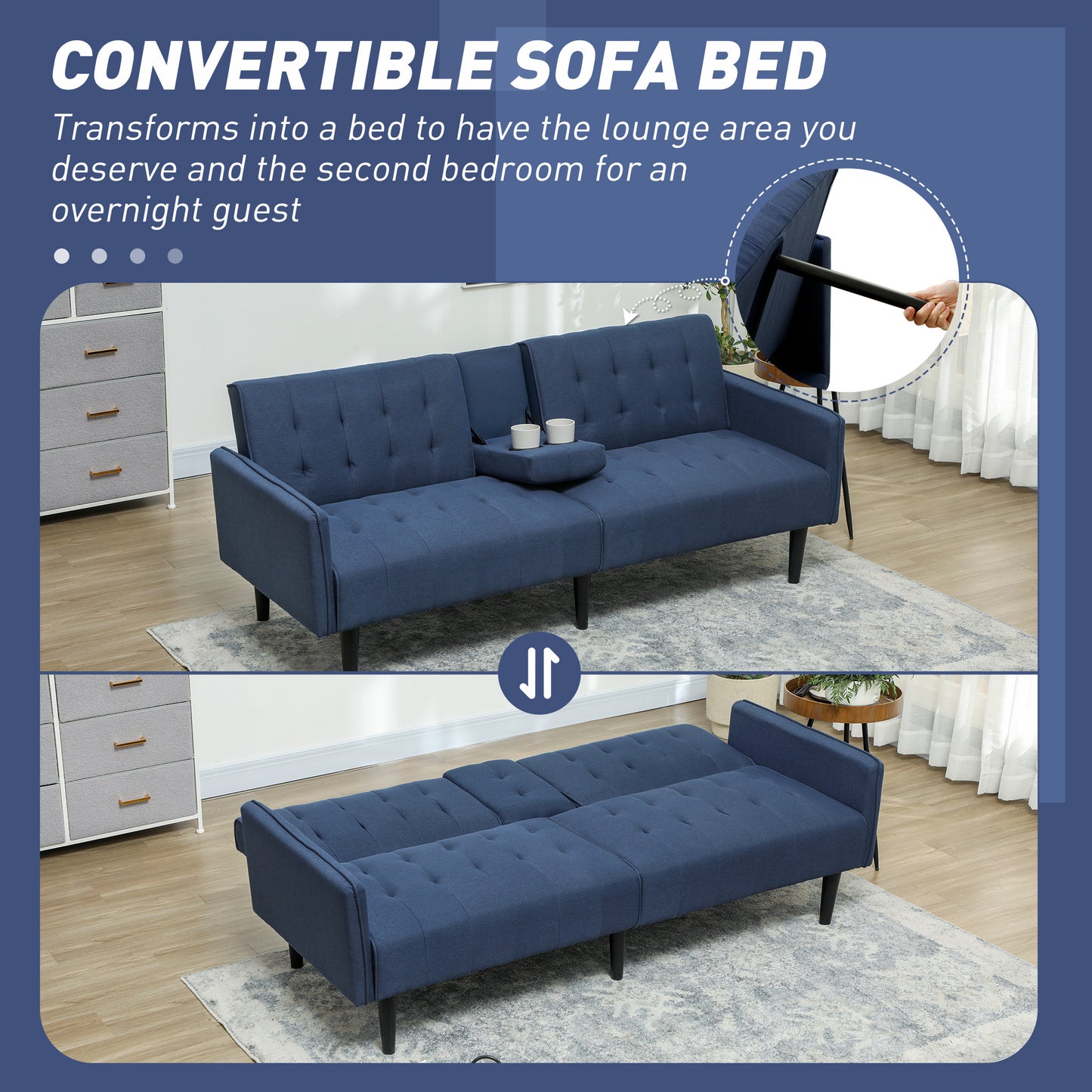 Upholstered Sofa bed 3 Seater Home Theater with Storage Dark Blue