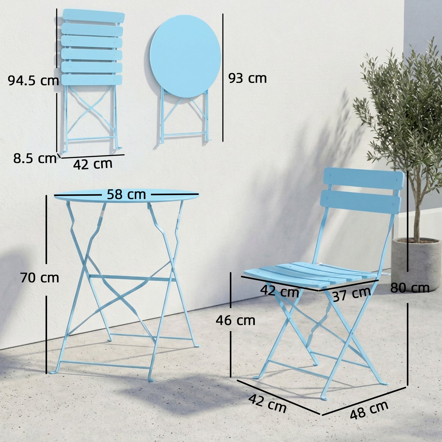 Folding Bistro Set with Round Garden Table and Chairs, Light Blue