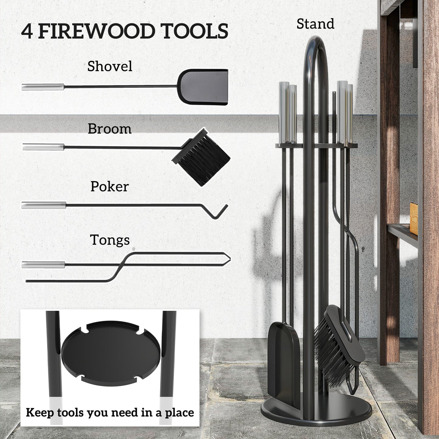 5 PCS Fireplace Companion Set, Metal Fireside Companion Set, Silver