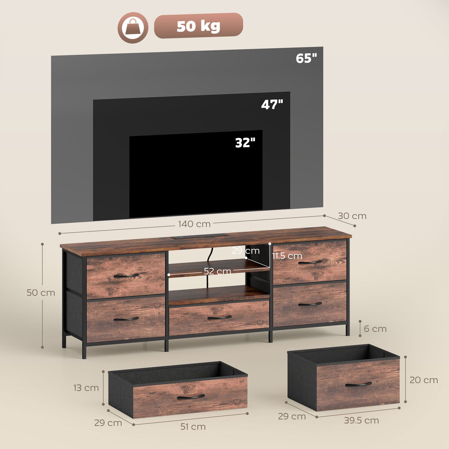 TV Unit with Charging Station, TV Stand for TVs up to 65 Inch